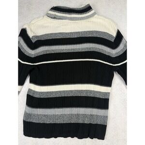 Liz Claiborne Petite Sweater Womens L Black Gray Cream Stripe Ribbed Mock Neck